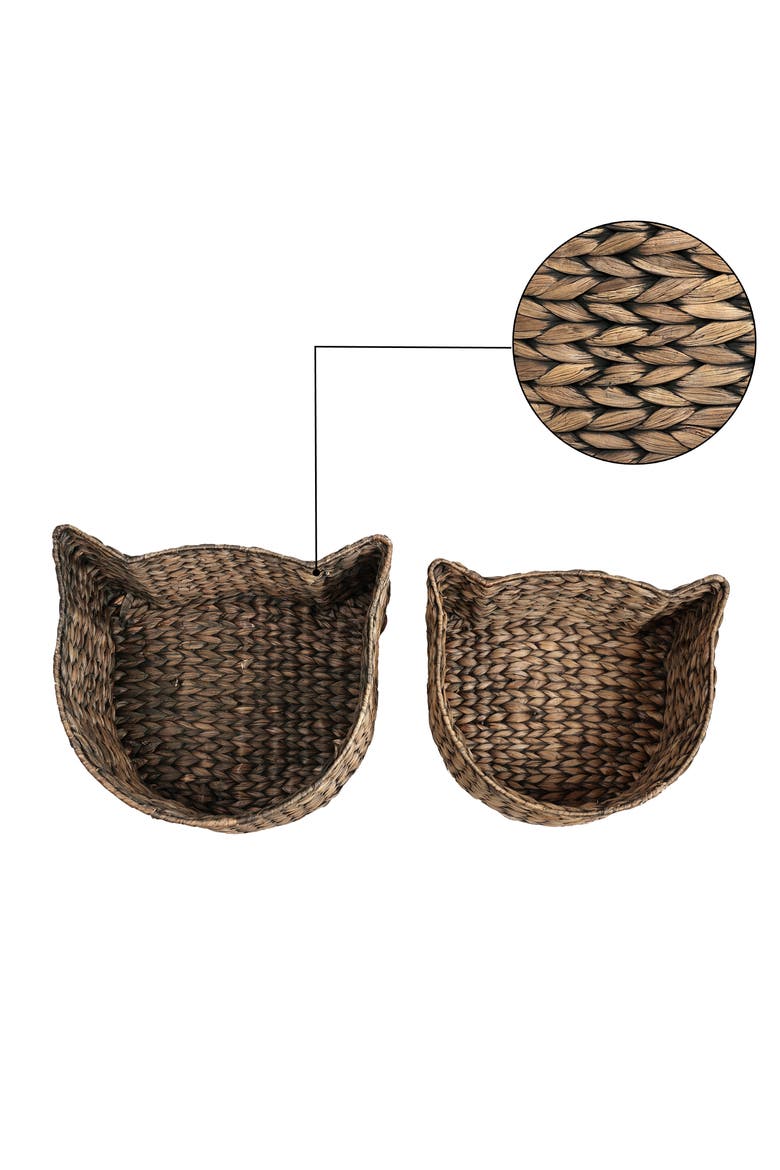 Felix Cat-Shaped Hand Woven Water Hyacinth Nesting Pet Toy Organizer Baskets, Alternate, color, Brown