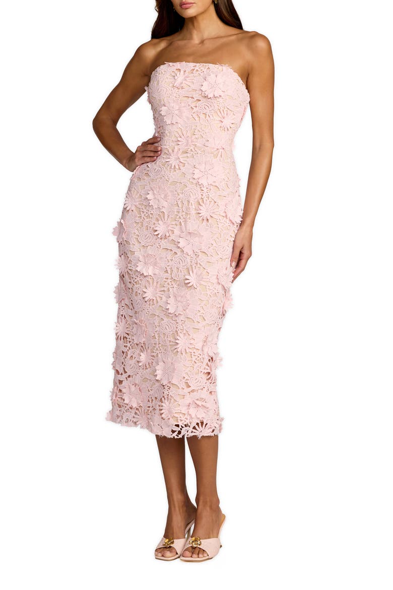 Strapless Lace Floral Detail Fitted Midi Dress, Main, color, Blush