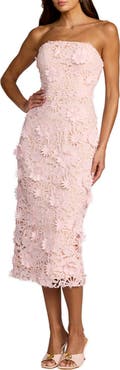 Mac Duggal Strapless Lace Floral Detail Fitted Midi Dress