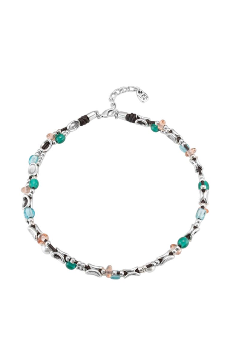 UNODE50 Short double leather strap necklace with sterling silver-plated links, Alternate, color, 