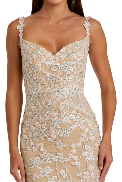 Mac Duggal Floral Embroidered Corset Bodice Gown In Nude Multi