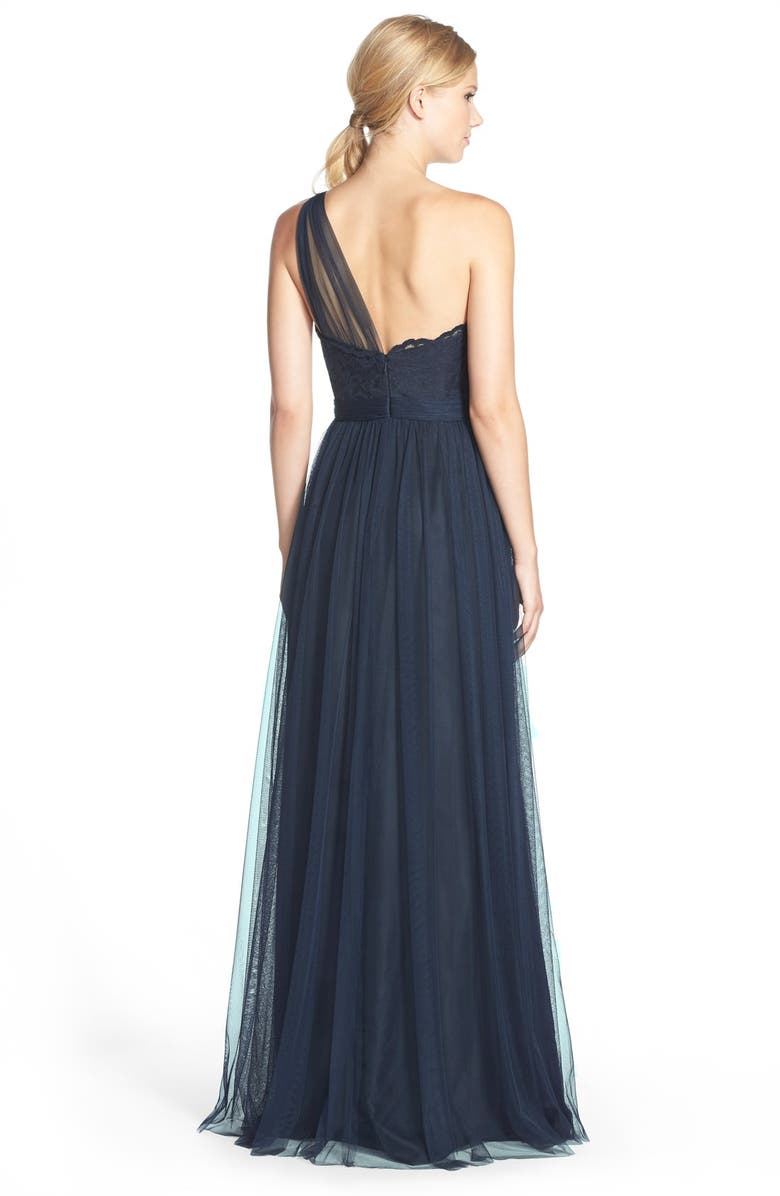 Amsale One-Shoulder Lace & Tulle Gown, Alternate, color, Navy