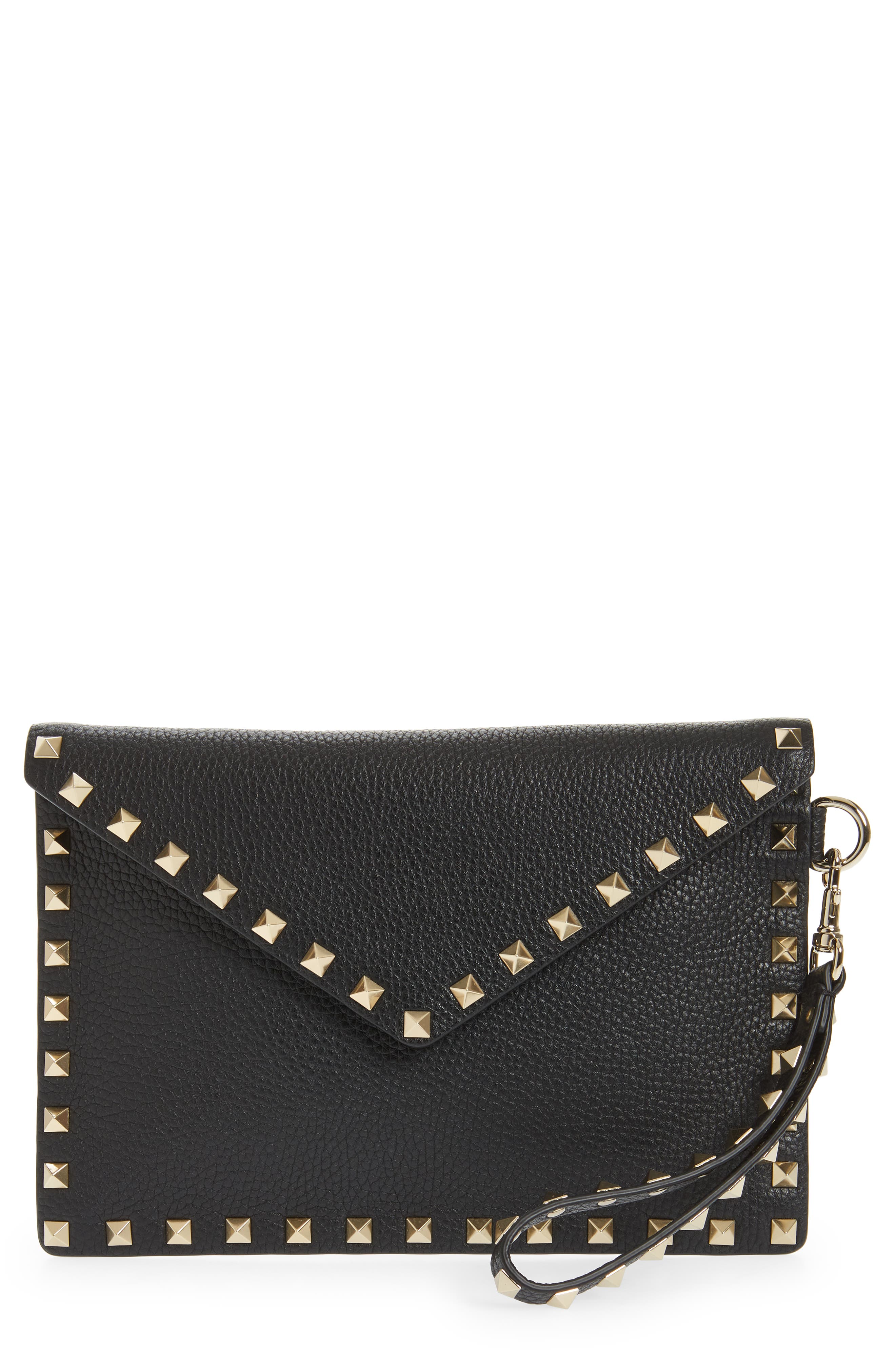 Medium Rockstud Leather Envelope Pouch, Main, color, NERO