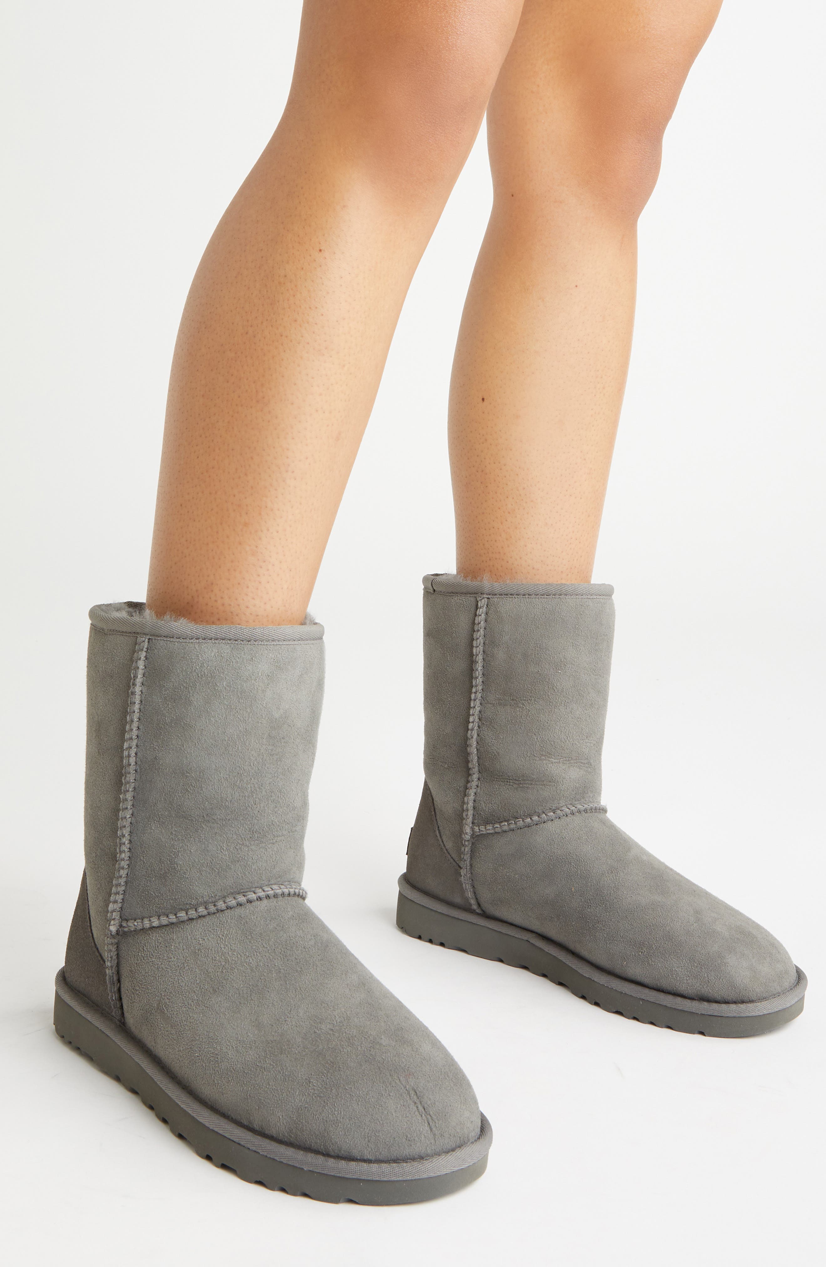 Classic II Genuine Shearling Lined Short Boot, Alternate, color, GREY SUEDE