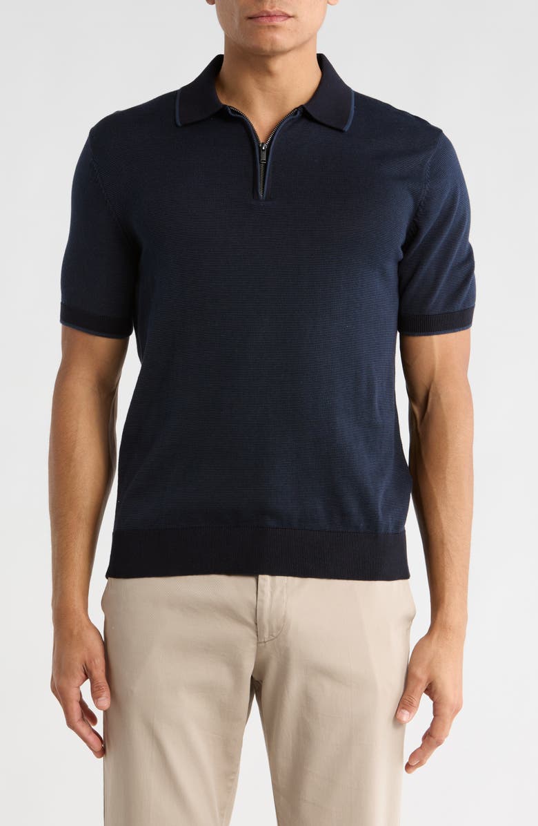 DENIM AND FLOWER Textured Quarter Zip Sweater Polo, Main, color, Dark Navy