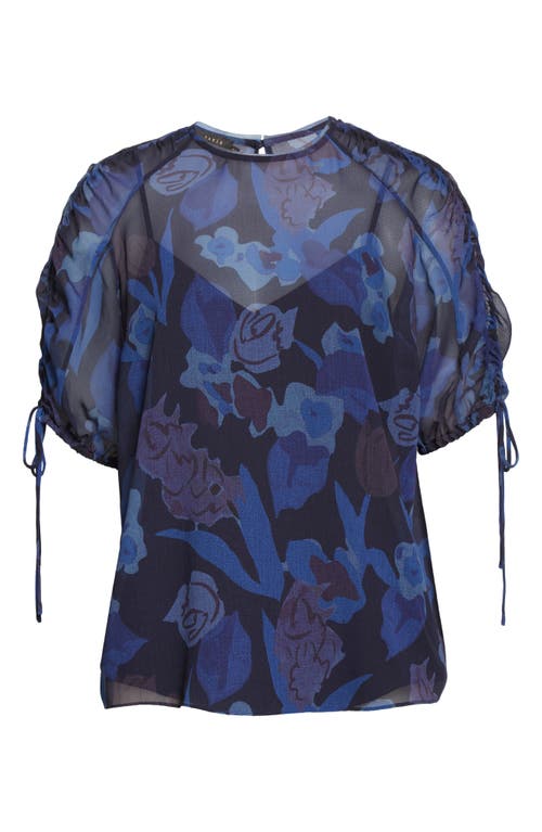 Ted Baker London Nixole Floral Ruched Sleeve Top In Dark Navy