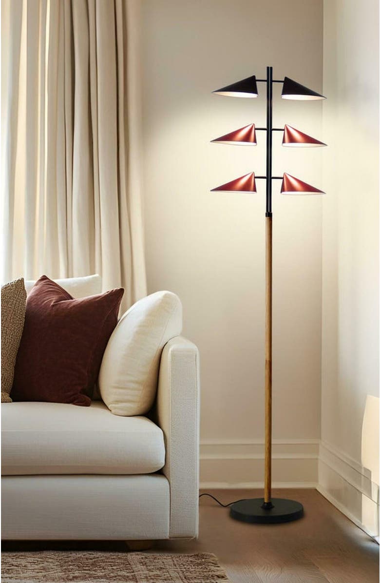 Brightech Ivo 65" Japandi-Inspired Floor Lamp with Oak and Red Accent, Integrated LEDs, Alternate, color, Matte Black