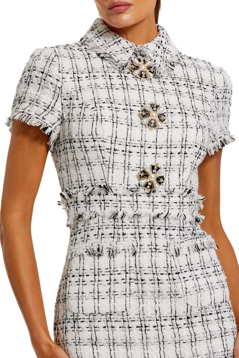 Fitted Bouclé Short Sleeve Button Up Midi Dress, Alternate, color, Ivory