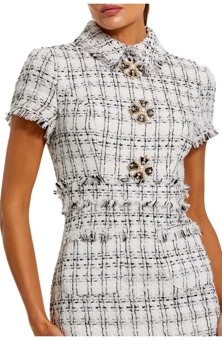 Mac Duggal Fitted Bouclé Short Sleeve Button Up Midi Dress, Alternate, color, Ivory