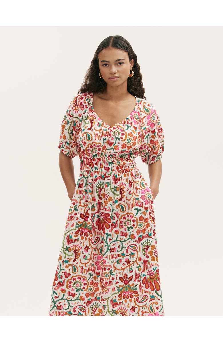 Finery London Estee Floral Crepe Midi Smock Dress, Alternate, color, Ivory Floral