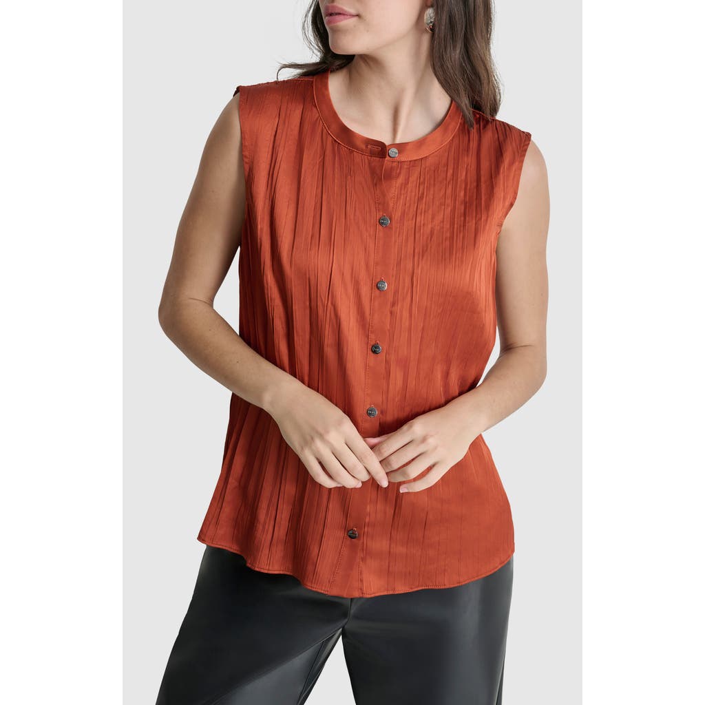 Dkny Pleated Sleeveless Button-up Shirt In Brown