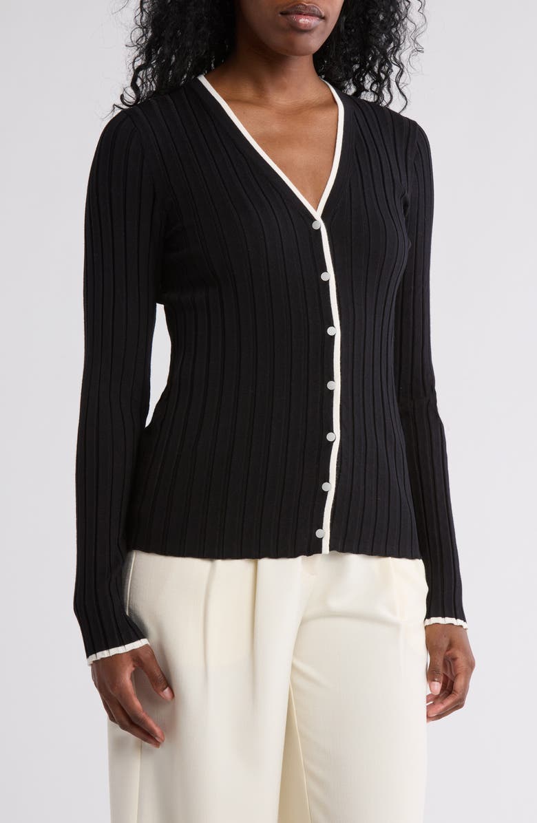 NORDSTROM RACK Tipped V-Neck Ribbed Cardigan, Main, color, 