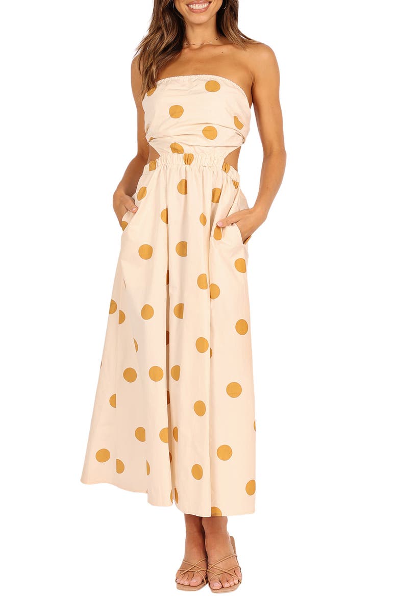 Angelique Polka Dot Strapless Open Back Maxi Dress, Main, color, BEIGE SPOT