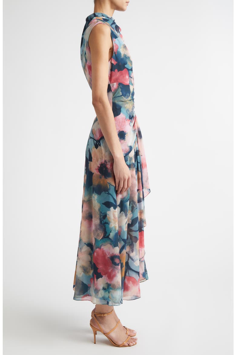 Abstract Floral Draped Chiffon A-Line Midi Dress, Alternate, color, MIST MULTI