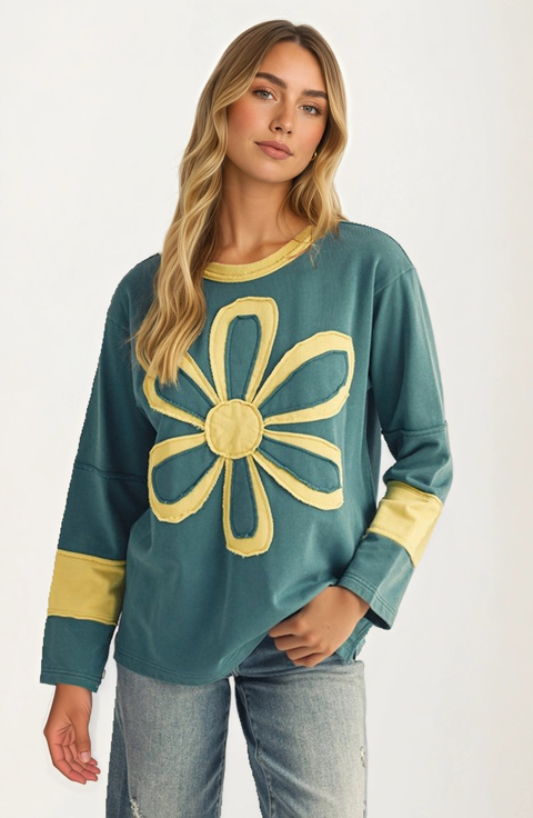 Bold Floral Applique Long Sleeve Relaxed Fit Top