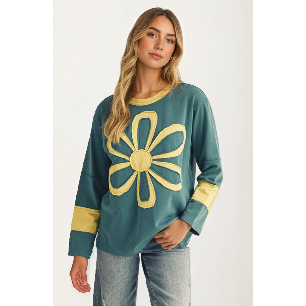 Knit and Lounge Bold Floral Applique Long Sleeve Relaxed Fit Top in Teal With Floral Applique  product
