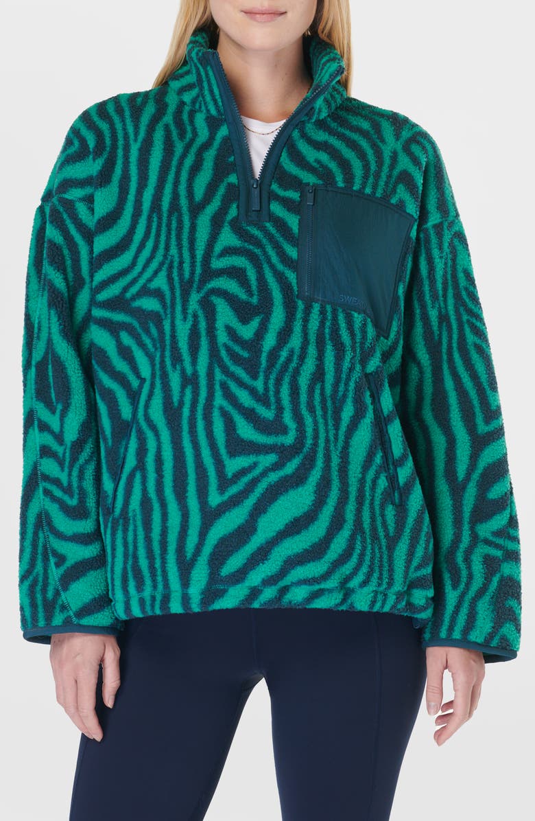 Sweaty Betty Karma Zebra Print Quarter Zip Fleece Pullover, Main, color, Green Abstract Zebra Print