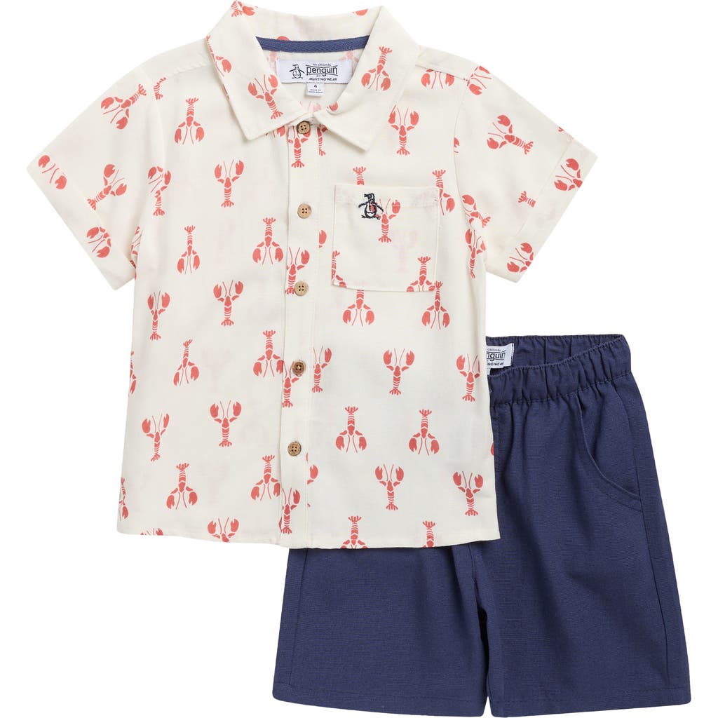 Original Penguin Kids' Short Sleeve Button-up Camp Shirt, Shorts & Sunglasses Set In Blue