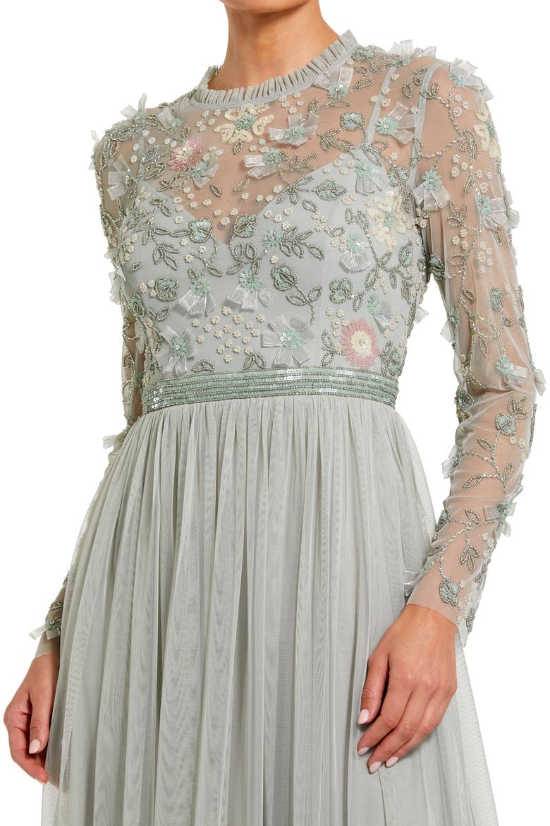 Embellished Illusion High Neck Long Sleeve Gown, Alternate, color, Sage