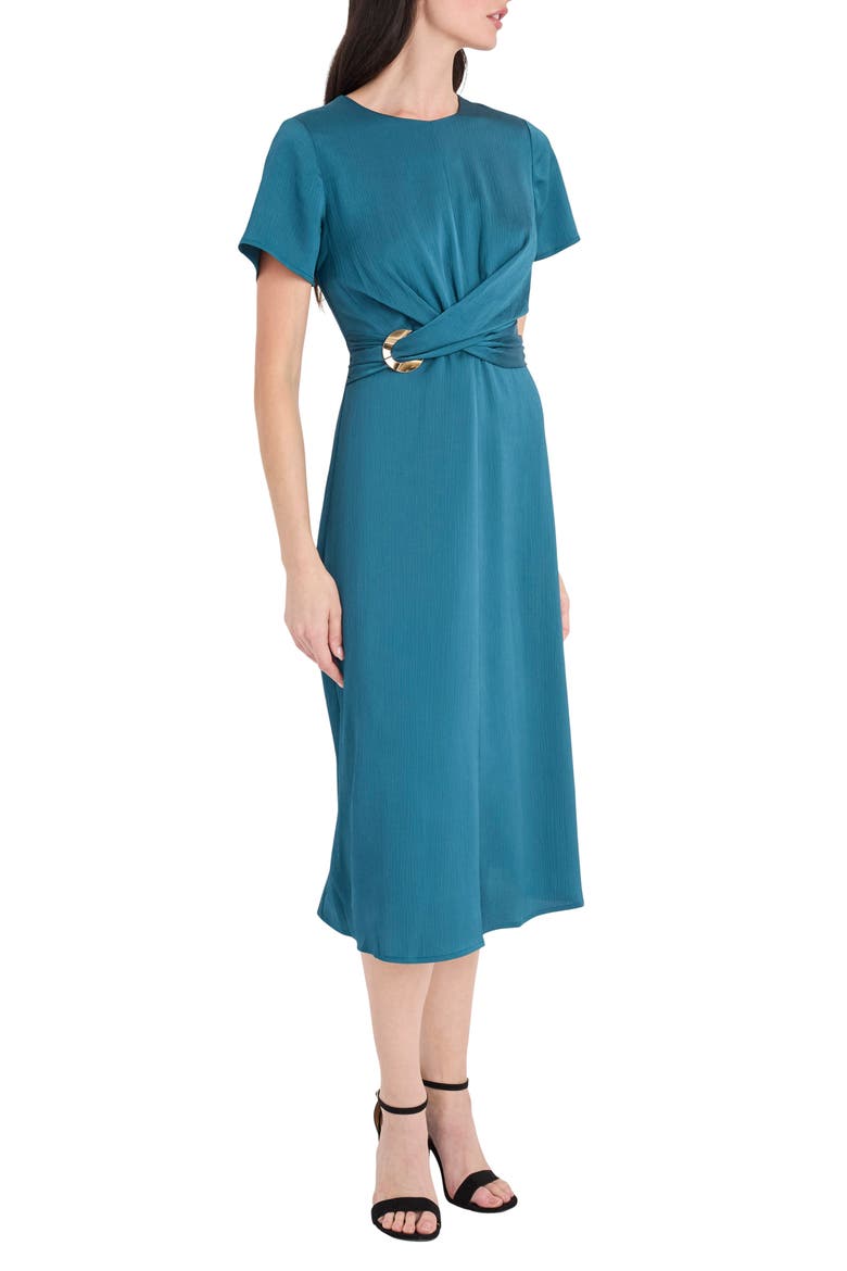Buckle Detail Hammered Satin Midi Dress, Alternate, color, GREEN HERON