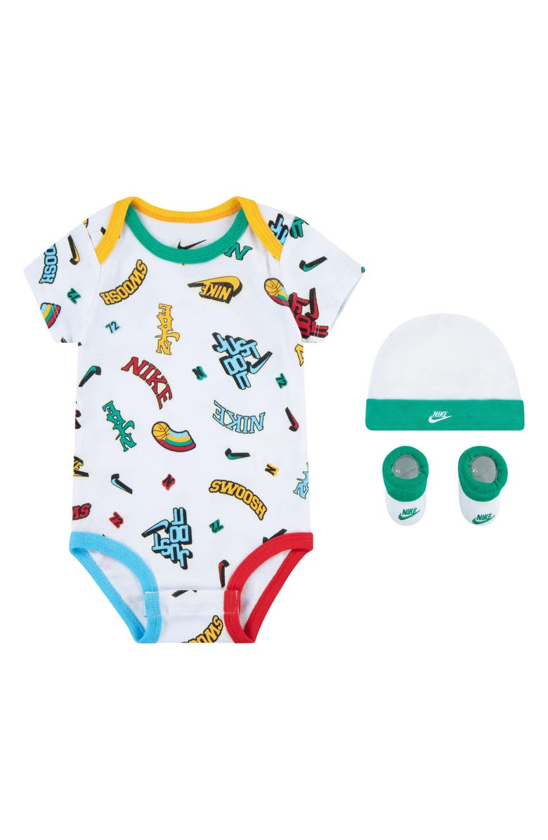 Nike Bodysuit, Hat & Booties Set, Main, color, 