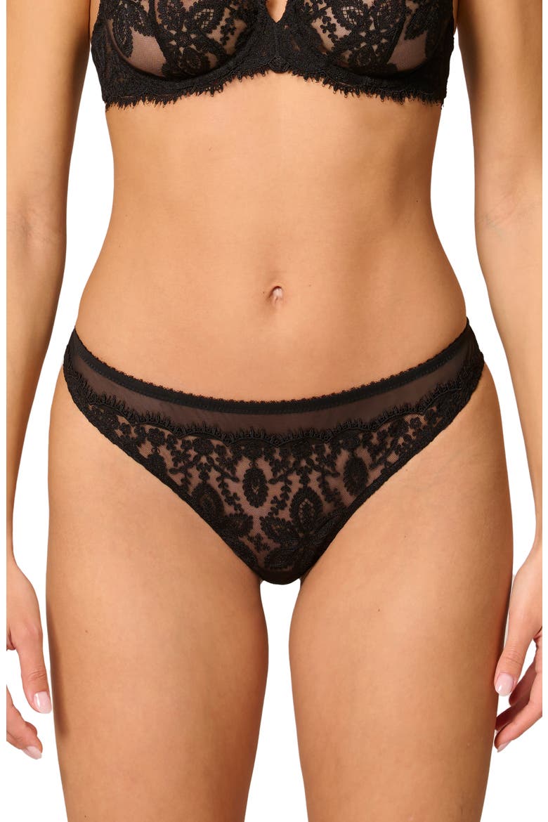 Embroidered Lace Trim Tulle Tanga Thong, Main, color, BLACK