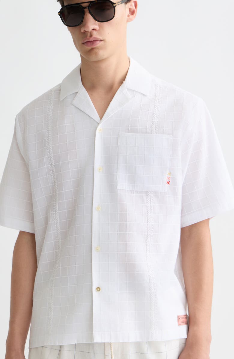 Scotch & Soda Windowpane Relaxed Fit Short Sleeve Button-Up Shirt, Alternate, color, Bright White