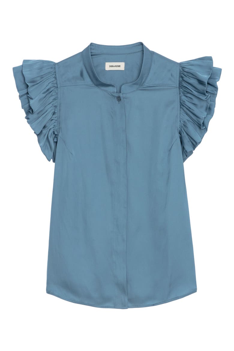 Tiza Ruffle Satin Button-Up Blouse, Alternate, color, BLUESTONE