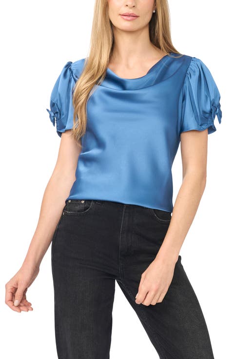 Bow Sleeve Cowl Neck Satin Charmeuse Top