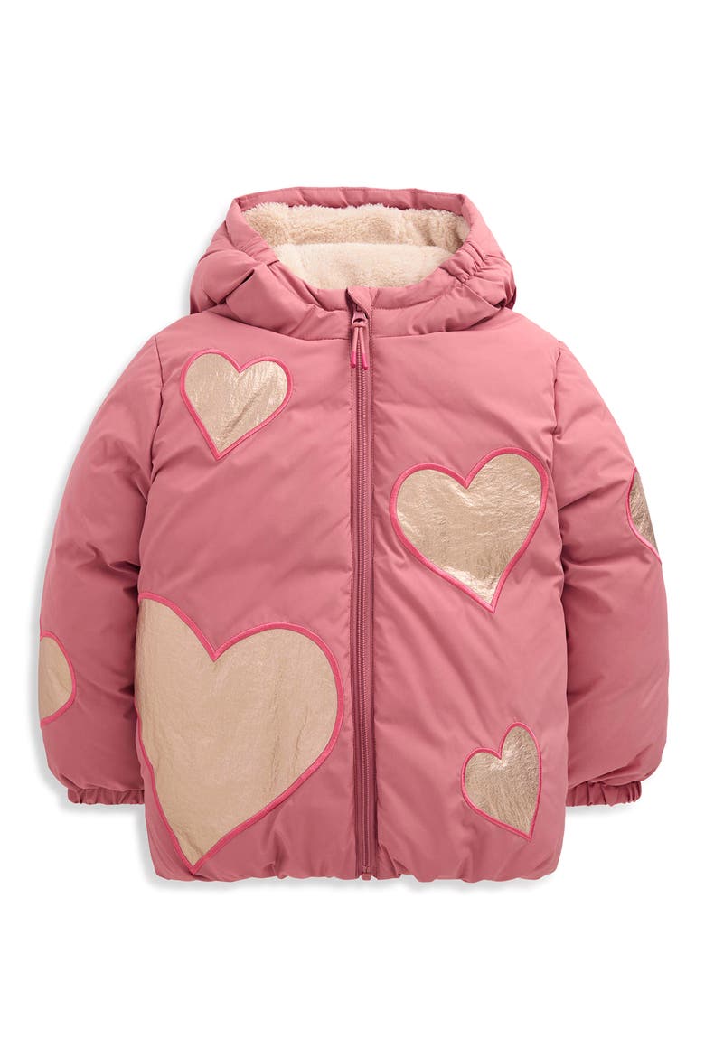 Kids' Heart Appliqué Hooded Puffer Coat, Main, color, PINK APPLIQUE METALLIC HEARTS