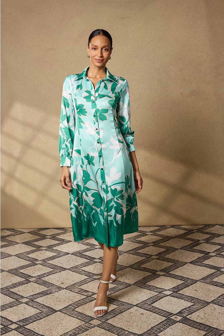 Floral Printed Crepe de Chine Maxi Shirt Dress, Alternate, color, Kelly Green/Euca/Lime/Ivory