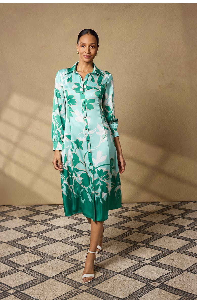 Ming Wang Floral Printed Crepe de Chine Maxi Shirt Dress, Alternate, color, Kelly Green/Euca/Lime/Ivory