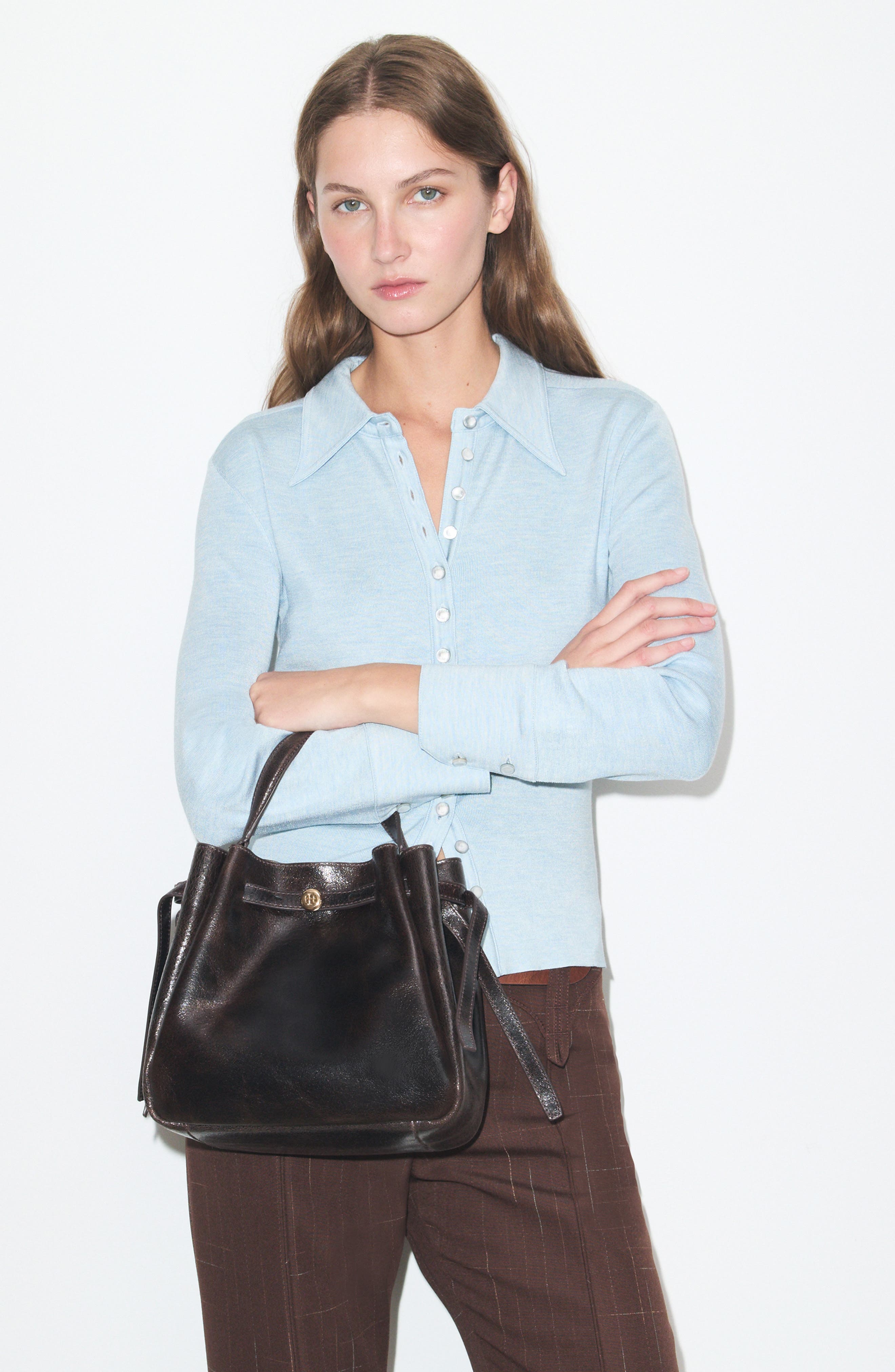 Romy Distressed Leather Bucket Bag, Alternate, color, DARK BROWN