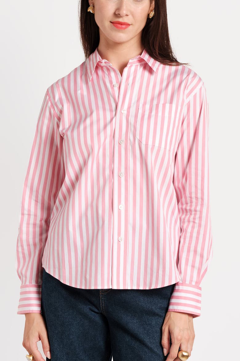 Perfect Button Down Stripe Cotton Poplin, Main, color, Pink/White