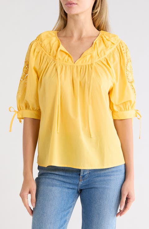 Eyelet Cotton Top with Tie Sleeves