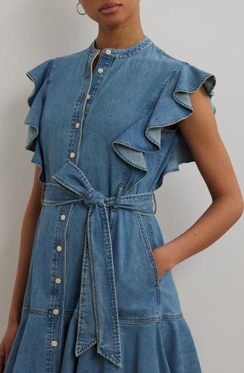 Flutter Sleeve Belted Denim Minidress