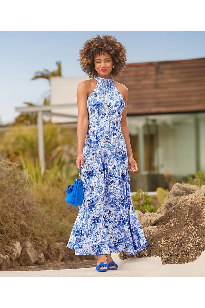 Floral Print Halter Dress, Main, color, BLUE WATERCOLOR FLORAL