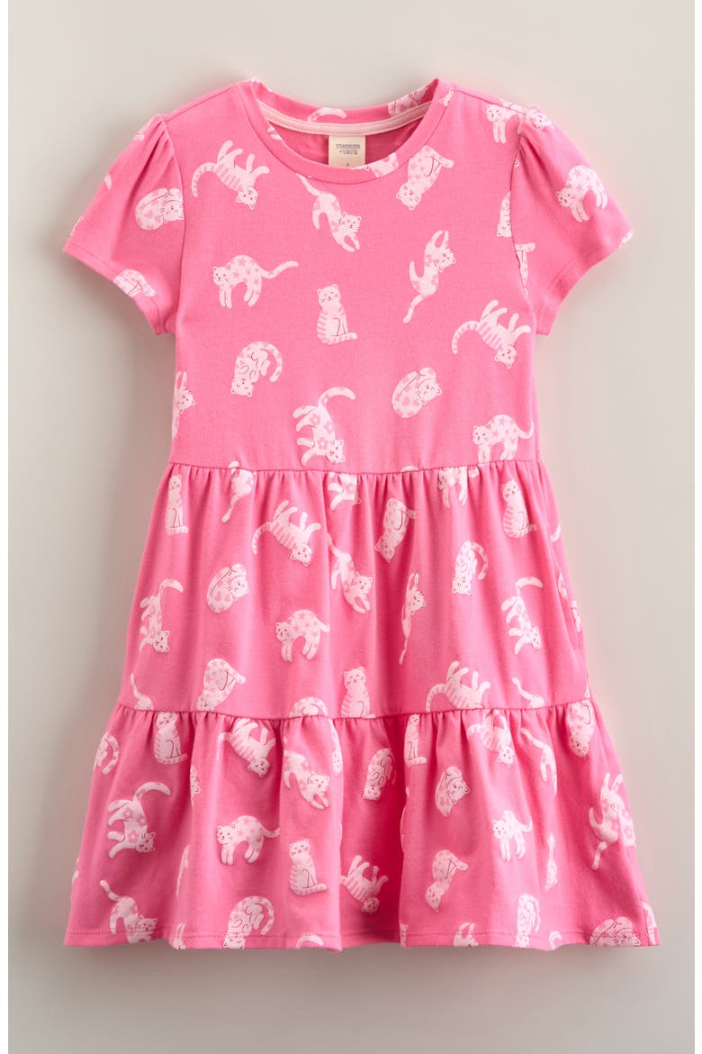 Kids' Short Sleeve Tiered Dress, Main, color, PINK COSMOS DOODLE CATS
