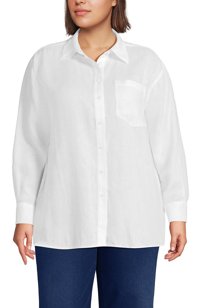 Lands' End Linen Oversized Button Front Shirt, Main, color, White