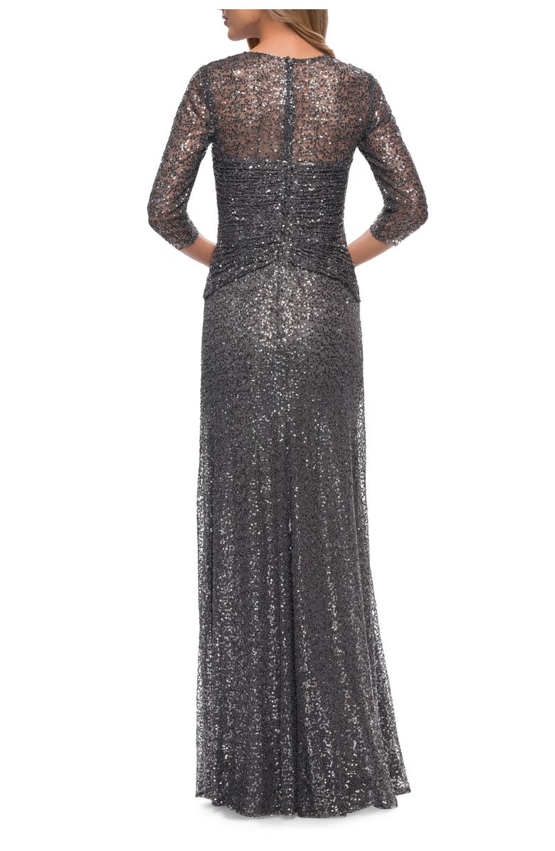 La Femme Sequin Evening Gown with Knot Detail on Front, Alternate, color, Gunmetal
