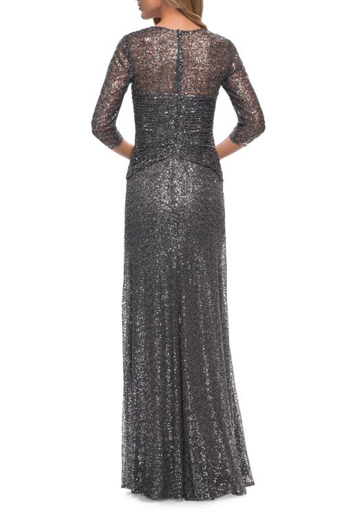 La Femme Ruched Sequin Column Gown In Gunmetal