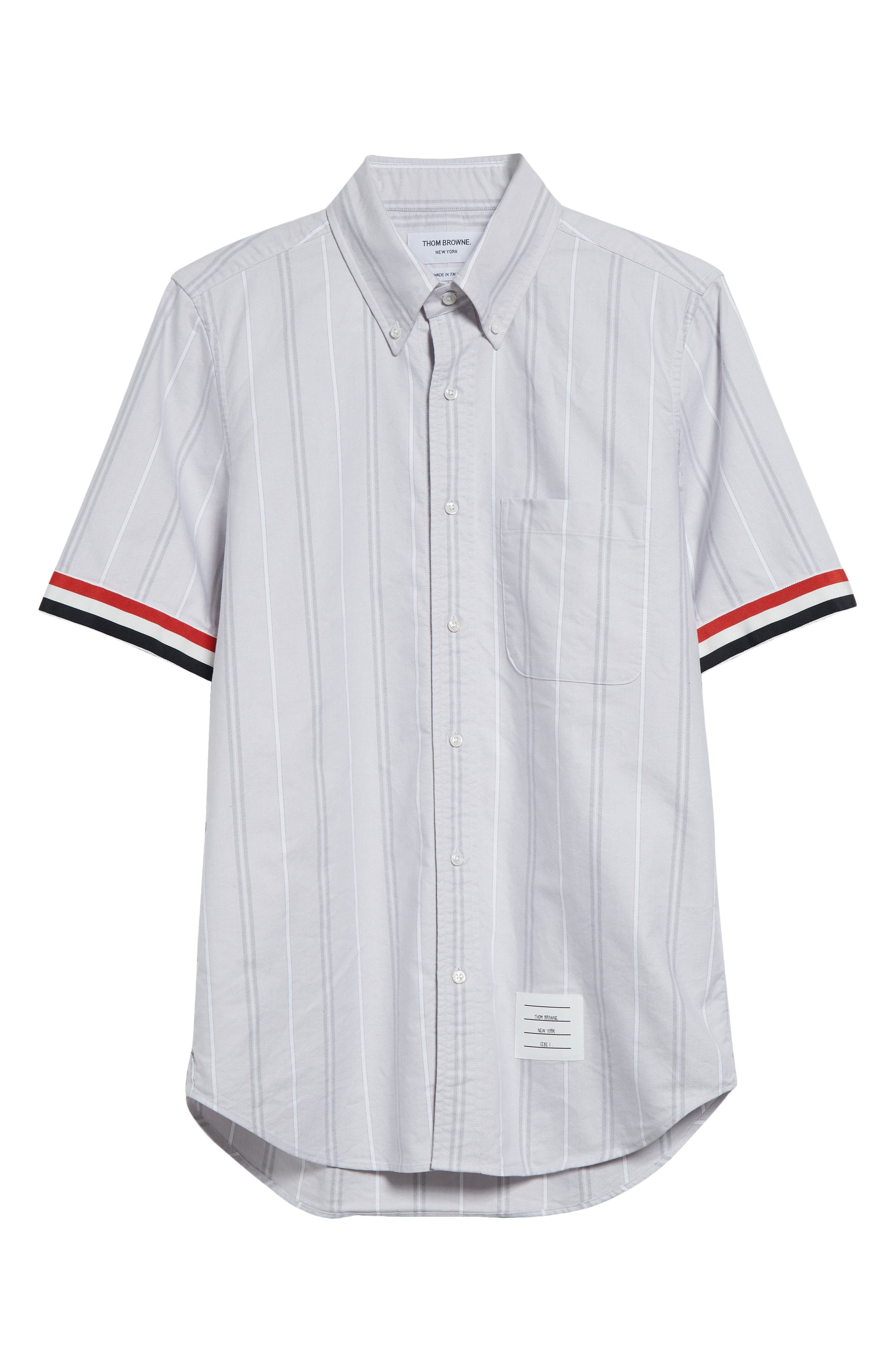 Thom Browne Straight Fit Stripe Short Sleeve Cotton Button-Down