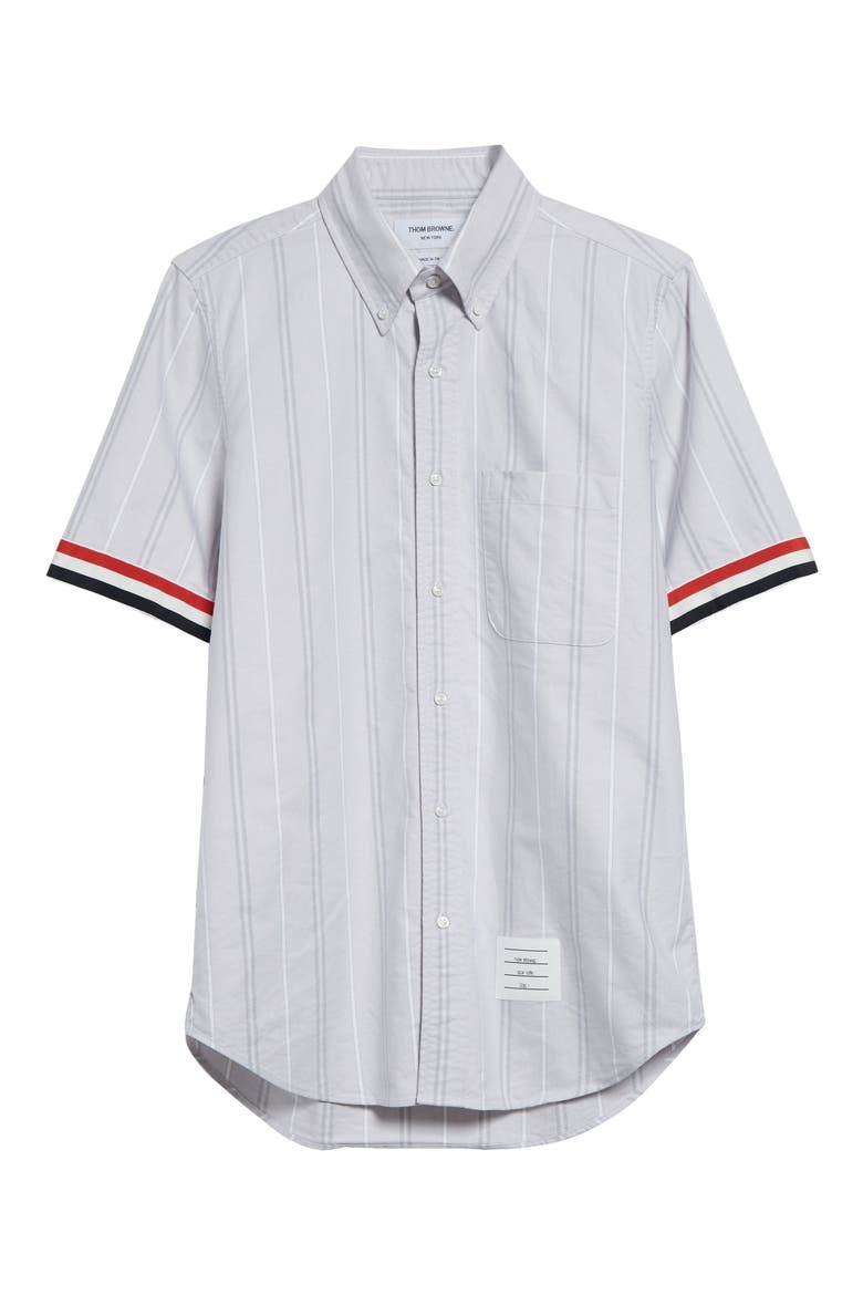 Straight Fit Stripe Short Sleeve Cotton Button-Down Shirt, Alternate, color, MEDIUM GREY