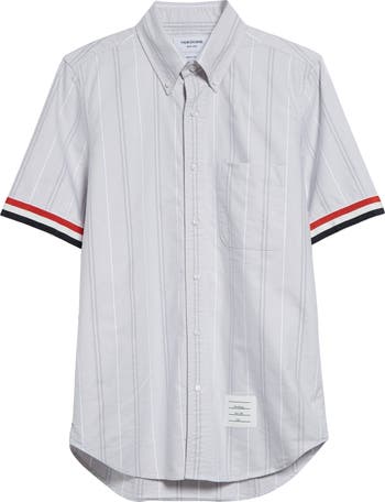 THOM BROWNE ストライプ 半袖シャツ Thom Browne Straight Fit Stripe Short Sleeve Cotton Button-Down