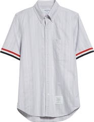 Thom Browne Straight Fit Stripe Short Sleeve Cotton Button-Down Shirt