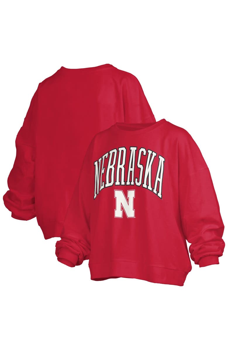 PRESSBOX Women's Pressbox Scarlet Nebraska Huskers Janise Arch Over Logo Waist Length Oversized Pullover Sweatshirt, Alternate, color, Scarlet
