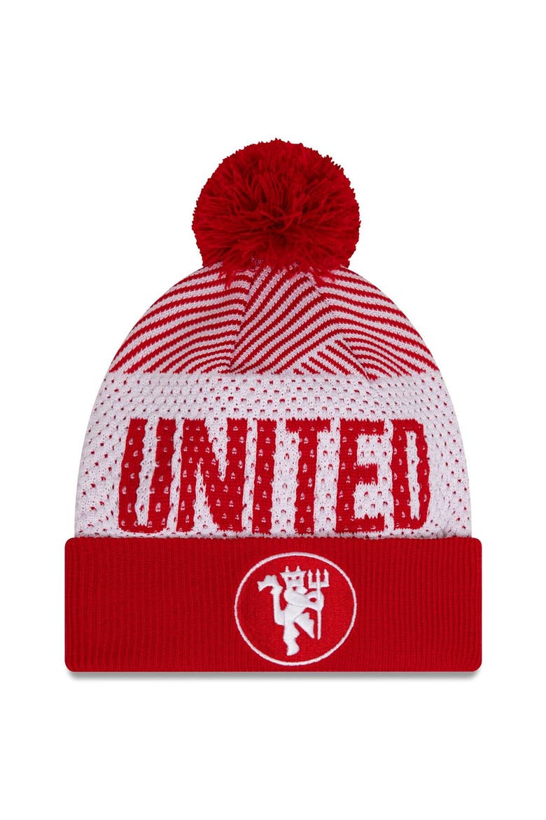 Men's New Era Red Manchester United Engineered Sport Cuffed Knit Hat with Pom, Main, color, Red
