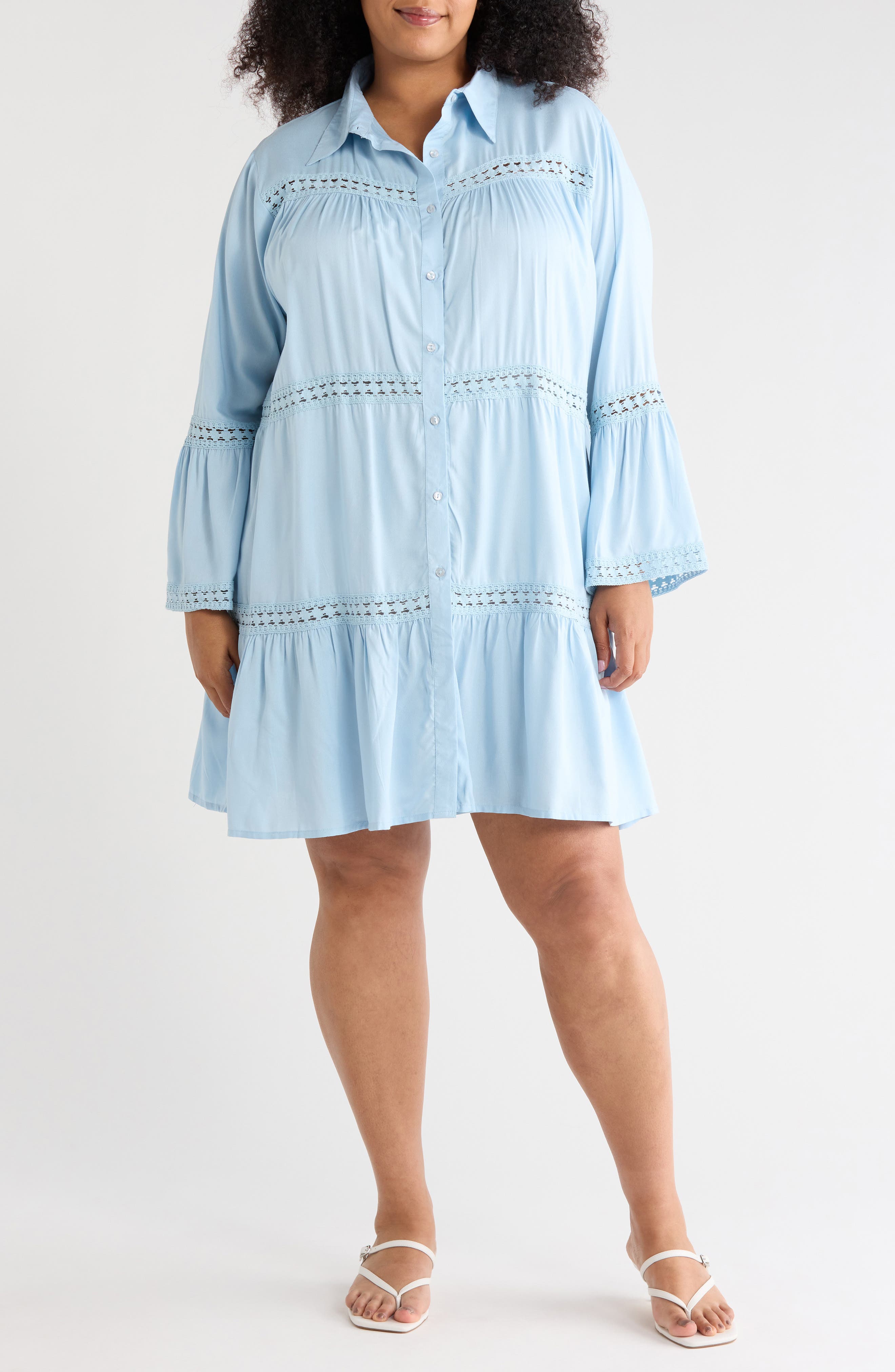 Lace Inset Long Sleeve Cover-Up Shirtdress