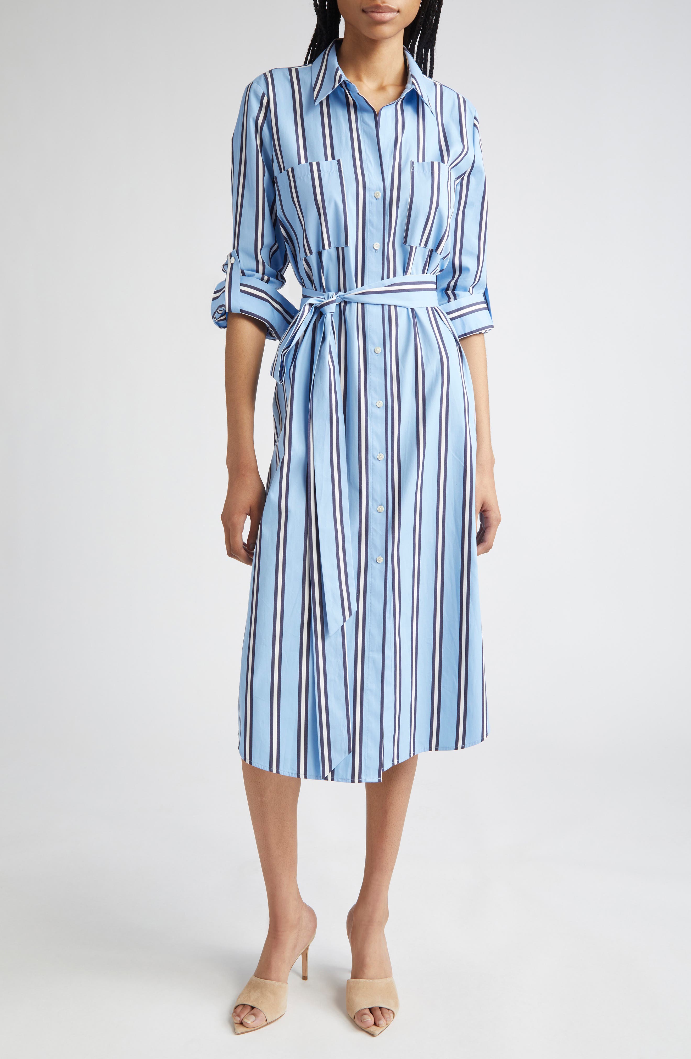 L'AGENCE Jubilee Stripe Belted Long Sleeve Cotton Shirtdress