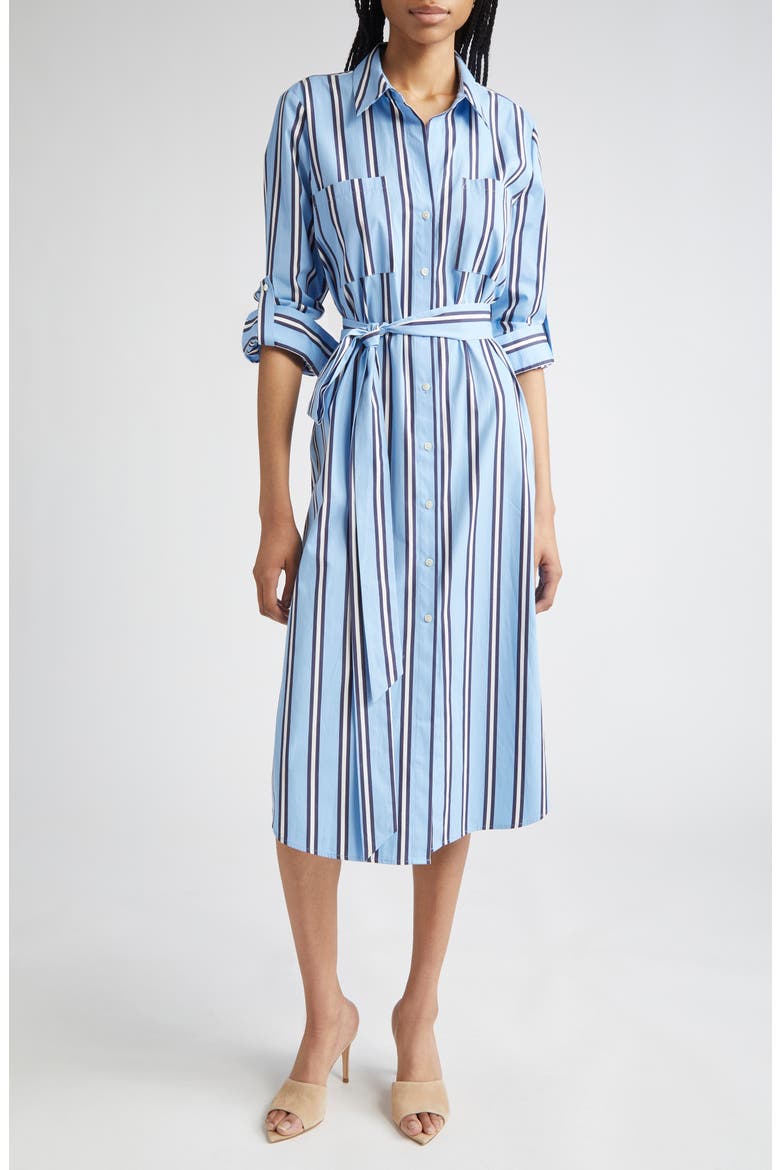 Jubilee Stripe Belted Long Sleeve Cotton Shirtdress, Main, color, SKY BLUE/ MIDNIGHT STRIPE